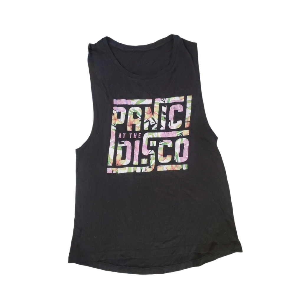 Panic At The‎ Disco Women's Black Hawaiian Floral Logo Band Merch Tank Top Small